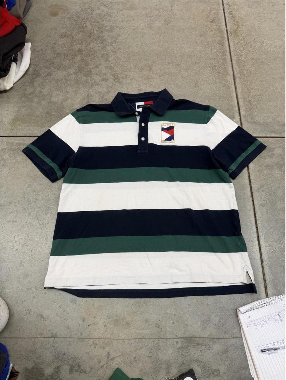 vintage tommy hilfiger navy white and green striped polo shirt size xl